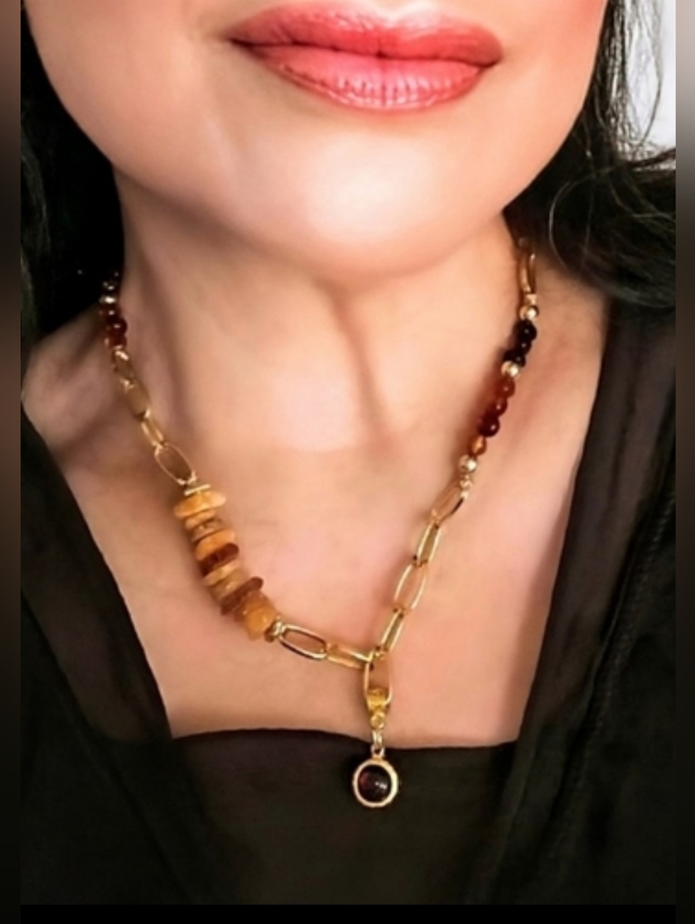 Nature's Amber & Garnet Pendant In Assymetrical Design With Paperclip Necklace